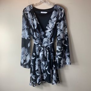 Lush Black and Grey Floral Bell Sleeve Dress